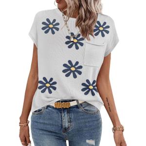 image:imageZeagoo Womens Sweater Vest Fall 2026 Loose Fit Cape Sleeve Knit Ribbed Tank Tops with Front PocketBlack Flower