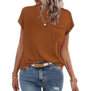 image:imageZeagoo Womens Sweater Vest Fall 2026 Loose Fit Cape Sleeve Knit Ribbed Tank Tops with Front PocketCaramel