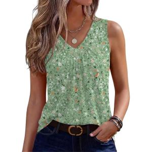 image:imageZeagoo Womens Tank Tops Summer Sleeveless Loose Fit Tops V Neck Pleated Shirts Basic Tees Dressy Casual Trendy ClothesXh534 Green Flower