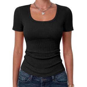image:imageZeagoo Womens Tops Short Sleeve Scoop Neck Shirts Ribbed Knit Fitted Basic Tees Casual Summer Work Clothes1black