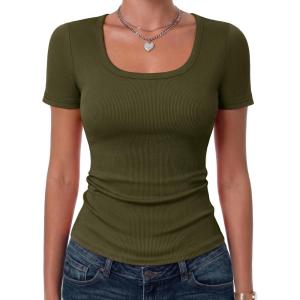 image:imageZeagoo Womens Tops Short Sleeve Scoop Neck Shirts Ribbed Knit Fitted Basic Tees Casual Summer Work ClothesArmy Green