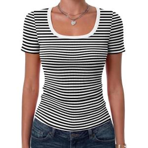 image:imageZeagoo Womens Tops Short Sleeve Scoop Neck Shirts Ribbed Knit Fitted Basic Tees Casual Summer Work ClothesBlack White Stripes