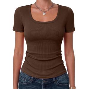 image:imageZeagoo Womens Tops Short Sleeve Scoop Neck Shirts Ribbed Knit Fitted Basic Tees Casual Summer Work ClothesBrown