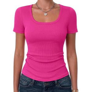 image:imageZeagoo Womens Tops Short Sleeve Scoop Neck Shirts Ribbed Knit Fitted Basic Tees Casual Summer Work ClothesHot Pink