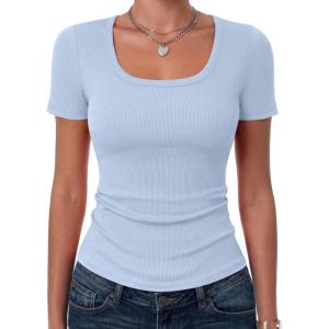 image:imageZeagoo Womens Tops Short Sleeve Scoop Neck Shirts Ribbed Knit Fitted Basic Tees Casual Summer Work ClothesLight Blue