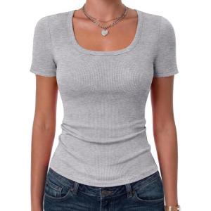 image:imageZeagoo Womens Tops Short Sleeve Scoop Neck Shirts Ribbed Knit Fitted Basic Tees Casual Summer Work ClothesLight Grey