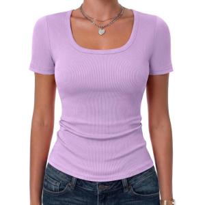 image:imageZeagoo Womens Tops Short Sleeve Scoop Neck Shirts Ribbed Knit Fitted Basic Tees Casual Summer Work ClothesLight Purple