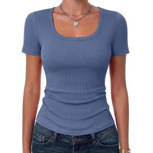 image:imageZeagoo Womens Tops Short Sleeve Scoop Neck Shirts Ribbed Knit Fitted Basic Tees Casual Summer Work ClothesNavy