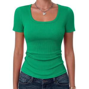 image:imageZeagoo Womens Tops Short Sleeve Scoop Neck Shirts Ribbed Knit Fitted Basic Tees Casual Summer Work ClothesOasis