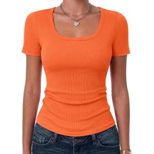 image:imageZeagoo Womens Tops Short Sleeve Scoop Neck Shirts Ribbed Knit Fitted Basic Tees Casual Summer Work ClothesOrange