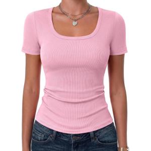 image:imageZeagoo Womens Tops Short Sleeve Scoop Neck Shirts Ribbed Knit Fitted Basic Tees Casual Summer Work ClothesPink