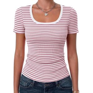 image:imageZeagoo Womens Tops Short Sleeve Scoop Neck Shirts Ribbed Knit Fitted Basic Tees Casual Summer Work ClothesPink White Stripes
