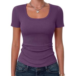 image:imageZeagoo Womens Tops Short Sleeve Scoop Neck Shirts Ribbed Knit Fitted Basic Tees Casual Summer Work ClothesPurple