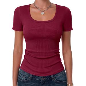 image:imageZeagoo Womens Tops Short Sleeve Scoop Neck Shirts Ribbed Knit Fitted Basic Tees Casual Summer Work ClothesWine Red
