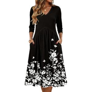 image:imageZeagoo Summer Dresses for Women 2026 34 Sleeve Womens Dress Casual Midi Tshirt Dresses with Pockets SemiFormal SundressBlack Floral