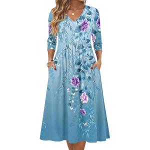 image:imageZeagoo Summer Dresses for Women 2026 34 Sleeve Womens Dress Casual Midi Tshirt Dresses with Pockets SemiFormal SundressBlue Floral