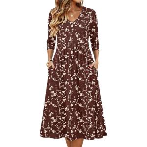 image:imageZeagoo Summer Dresses for Women 2026 34 Sleeve Womens Dress Casual Midi Tshirt Dresses with Pockets SemiFormal SundressCoffee Floral