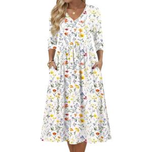 image:imageZeagoo Summer Dresses for Women 2026 34 Sleeve Womens Dress Casual Midi Tshirt Dresses with Pockets SemiFormal SundressWhite Floral