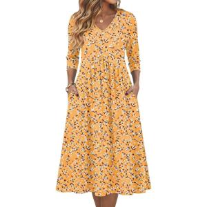 image:imageZeagoo Summer Dresses for Women 2026 34 Sleeve Womens Dress Casual Midi Tshirt Dresses with Pockets SemiFormal SundressYellow Floral