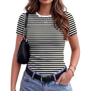 image:imageZeagoo Women Short Sleeve Tops Crewneck Ribbed Knit Fitted Tshirts Dressy Casual Basic Tee 2026 Summer ClothesBlack Stripe