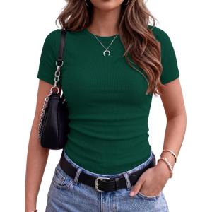 image:imageZeagoo Women Short Sleeve Tops Crewneck Ribbed Knit Fitted Tshirts Dressy Casual Basic Tee 2026 Summer ClothesDark Green