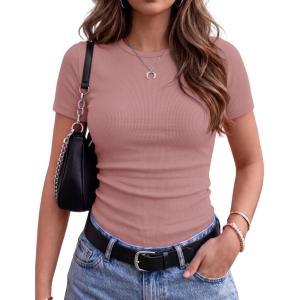 image:imageZeagoo Women Short Sleeve Tops Crewneck Ribbed Knit Fitted Tshirts Dressy Casual Basic Tee 2026 Summer ClothesDusty Pink