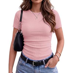 image:imageZeagoo Women Short Sleeve Tops Crewneck Ribbed Knit Fitted Tshirts Dressy Casual Basic Tee 2026 Summer ClothesPink