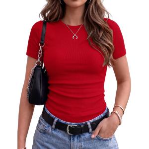 image:imageZeagoo Women Short Sleeve Tops Crewneck Ribbed Knit Fitted Tshirts Dressy Casual Basic Tee 2026 Summer ClothesRed