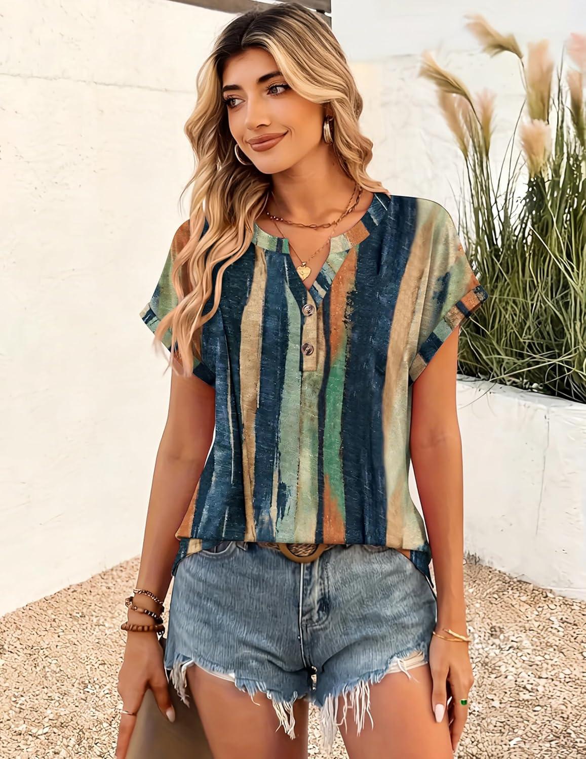 image:imageZeagoo Women Tops Summer Short Sleeve T Shirts V Neck Dressy Casual Work Blouses Fashion Boho Clothes S3XLCx289multicolored