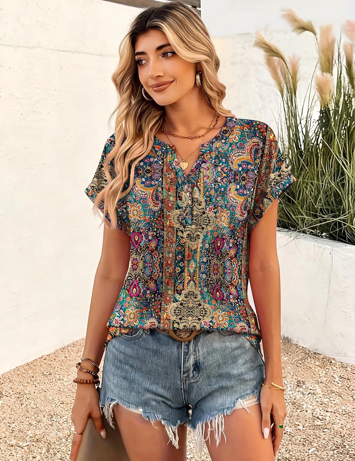 image:imageZeagoo Women Tops Summer Short Sleeve T Shirts V Neck Dressy Casual Work Blouses Fashion Boho Clothes S3XLMz721multicolored