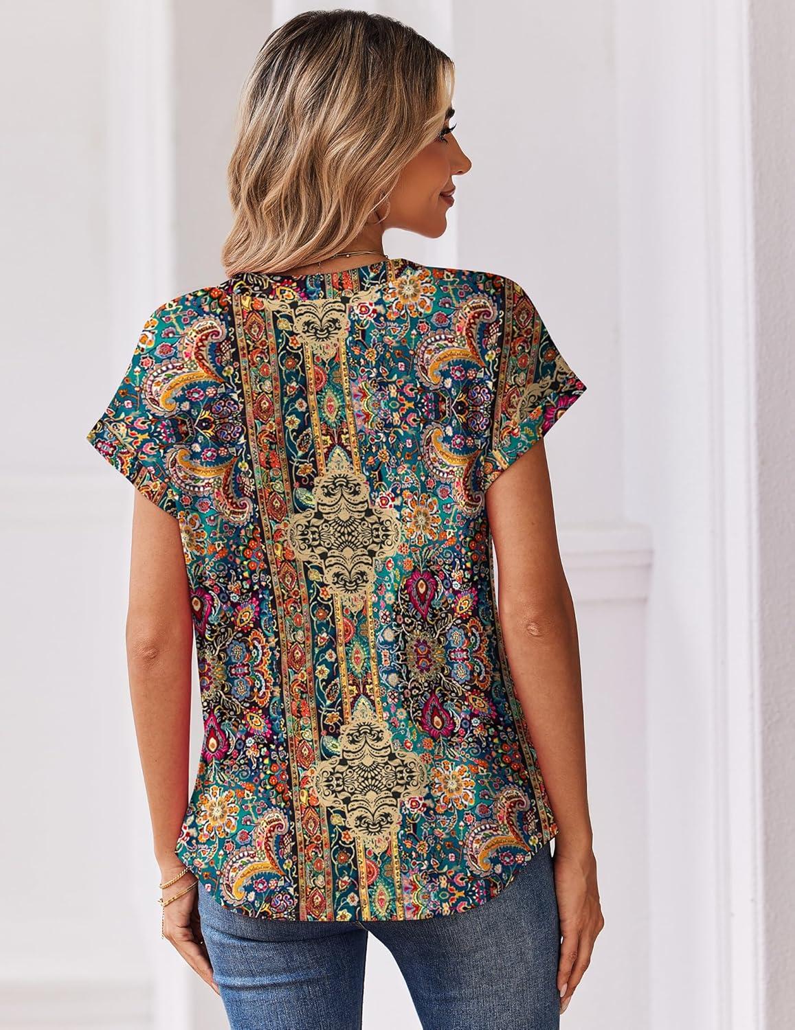 image:imageZeagoo Women Tops Summer Short Sleeve T Shirts V Neck Dressy Casual Work Blouses Fashion Boho Clothes S3XLMz721multicolored