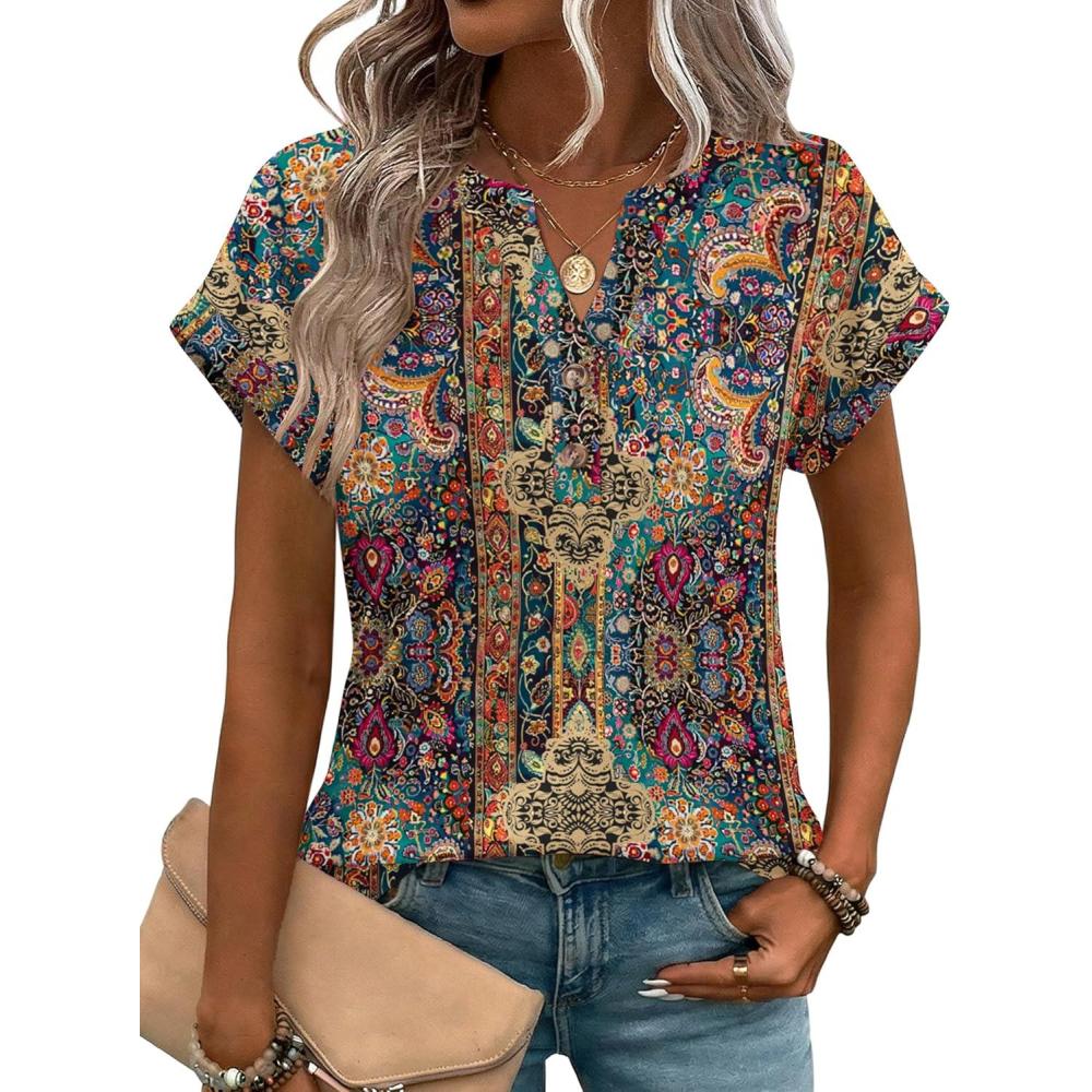 image:imageZeagoo Women Tops Summer Short Sleeve T Shirts V Neck Dressy Casual Work Blouses Fashion Boho Clothes S3XLMz721multicolored