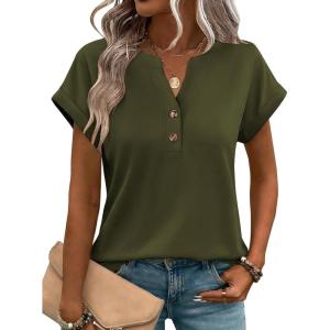 image:imageZeagoo Women Tops Summer Short Sleeve T Shirts V Neck Dressy Casual Work Blouses Fashion Boho Clothes S3XLArmy Green