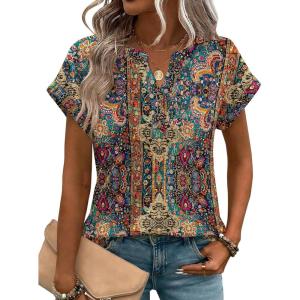 image:imageZeagoo Women Tops Summer Short Sleeve T Shirts V Neck Dressy Casual Work Blouses Fashion Boho Clothes S3XLMz721multicolored