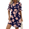 Navy Blue - Pink Flowers