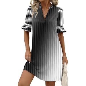 image:imageZeagoo Summer Dresses for Women 2026 V Neck Ruffle Sleeve Loose Shift Dress Hawaiian Sundress Beach Vacation ClothesA02black and White Stripes