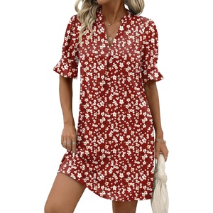 image:imageZeagoo Summer Dresses for Women 2026 V Neck Ruffle Sleeve Loose Shift Dress Hawaiian Sundress Beach Vacation ClothesDark Red Floral