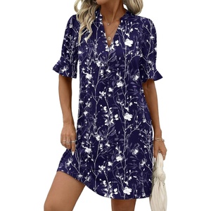 image:imageZeagoo Summer Dresses for Women 2026 V Neck Ruffle Sleeve Loose Shift Dress Hawaiian Sundress Beach Vacation ClothesDeep Blue Floral