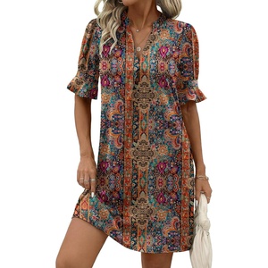 image:imageZeagoo Summer Dresses for Women 2026 V Neck Ruffle Sleeve Loose Shift Dress Hawaiian Sundress Beach Vacation ClothesEthnic Style