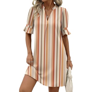image:imageZeagoo Summer Dresses for Women 2026 V Neck Ruffle Sleeve Loose Shift Dress Hawaiian Sundress Beach Vacation ClothesKhaki Vertical Stripes