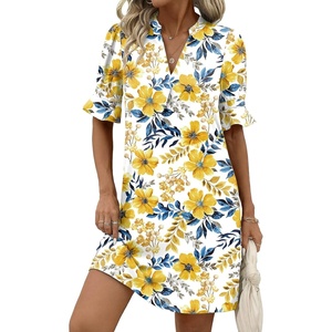 image:imageZeagoo Summer Dresses for Women 2026 V Neck Ruffle Sleeve Loose Shift Dress Hawaiian Sundress Beach Vacation ClothesYellow Floral