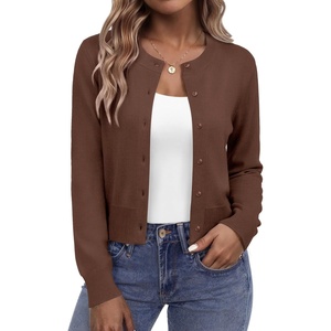 image:imageZeagoo Womens Cropped Cardigan Sweaters 2026 Button Down Long Sleeve Knit Bolero Shrugs for DressesBrown