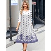 image:imageZeagoo 34 Sleeve Womens Dress Casual Flowy ALine Midi Tshirt Dresses with Pockets Crewneck Vocation Boho Beach SundressWhite Ethnic Print