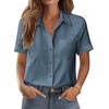 image:imageZeagoo Womens Button Down Shirt Bust Pocket Short Sleeve Blouses Business Casual Work Tops Summer OutfitsDark Denim Blue
