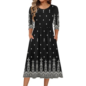 image:imageZeagoo 34 Sleeve Womens Dress Casual Flowy ALine Midi Tshirt Dresses with Pockets Crewneck Vocation Boho Beach SundressBlack Boho Print