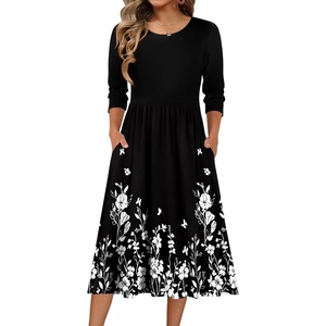 image:imageZeagoo 34 Sleeve Womens Dress Casual Flowy ALine Midi Tshirt Dresses with Pockets Crewneck Vocation Boho Beach SundressBlack Floral