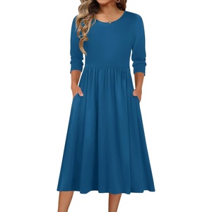 image:imageZeagoo 34 Sleeve Womens Dress Casual Flowy ALine Midi Tshirt Dresses with Pockets Crewneck Vocation Boho Beach SundressBlue