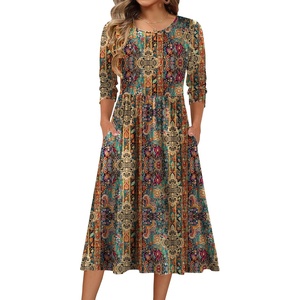 image:imageZeagoo 34 Sleeve Womens Dress Casual Flowy ALine Midi Tshirt Dresses with Pockets Crewneck Vocation Boho Beach SundressEthnic Boho Print