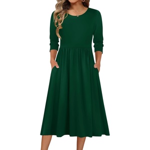 image:imageZeagoo 34 Sleeve Womens Dress Casual Flowy ALine Midi Tshirt Dresses with Pockets Crewneck Vocation Boho Beach SundressGreen
