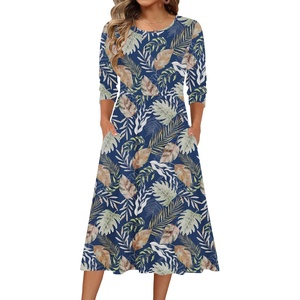 image:imageZeagoo 34 Sleeve Womens Dress Casual Flowy ALine Midi Tshirt Dresses with Pockets Crewneck Vocation Boho Beach SundressLeaf Print